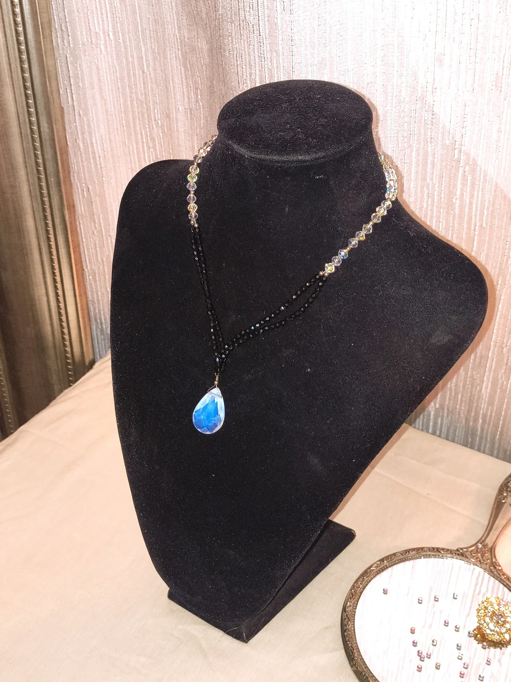 925 Sterling Silver Black Beaded Crystal Blue Teardrop Statement Necklace